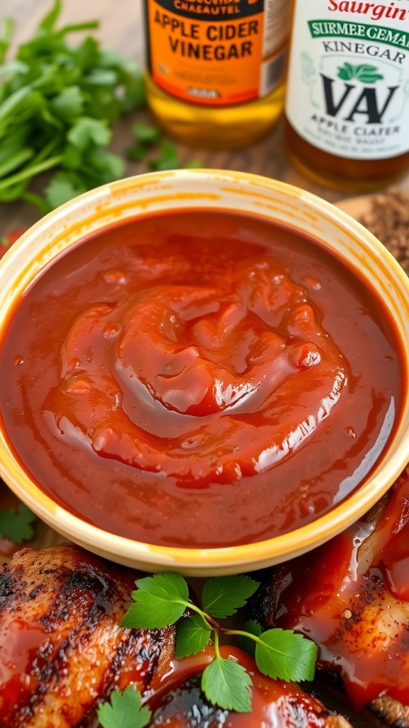 A bowl of smoky barbecue sauce drizzled over grilled meat, surrounded by fresh herbs and spices.